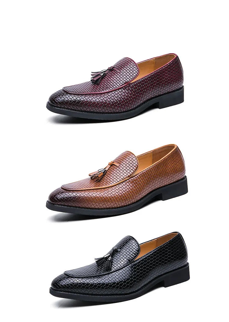 Men's black slip on shoes with pointed toe and tassel decoration for business style