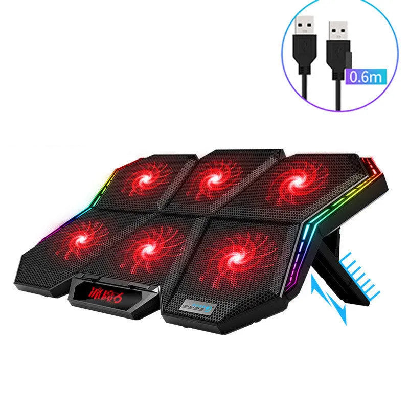 Black and red notebook radiator with six cooling fans for laptop heat dissipation