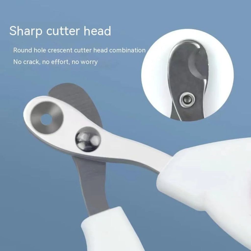 Blue cat nail clippers with a circular cutting hole and cushioned non-slip handle on a white background.