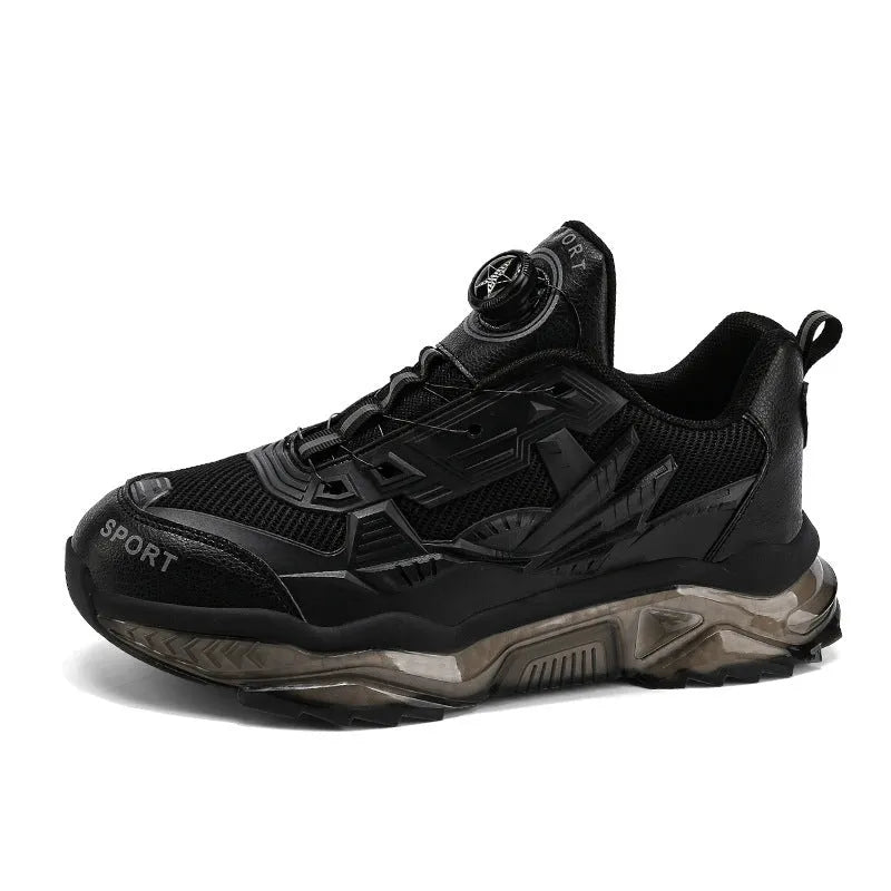Men's black rotating button dad shoes with mesh upper and rubber platform sole