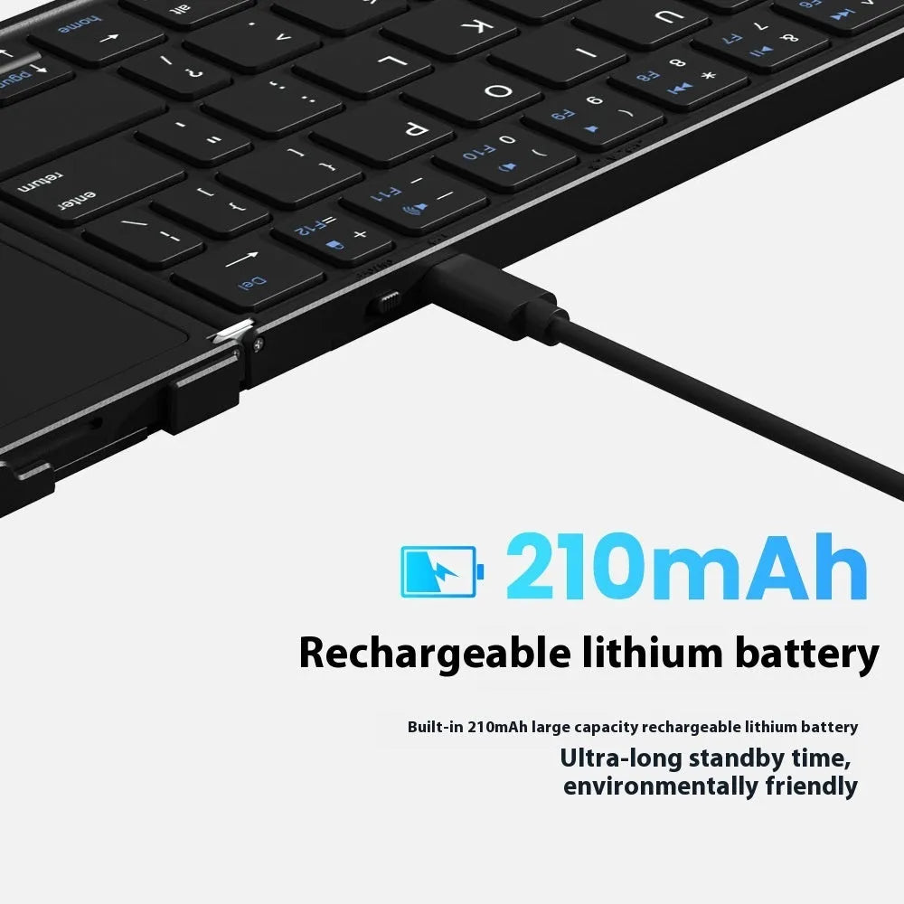 Black folding Bluetooth keyboard for mobile phones and tablets showing compact 346mm size