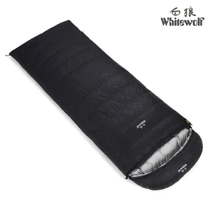 Black down sleeping bag with envelope structure and white goose down filler