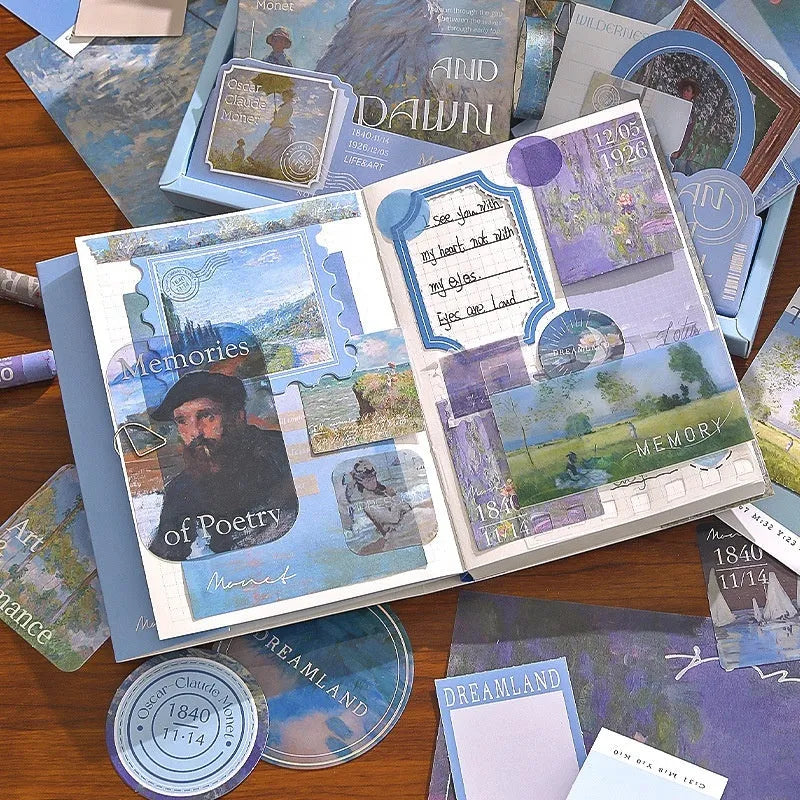 A6 grid notebook journal gift box with artistic plaid design including cards, photo frames, stickers, and paper accessories