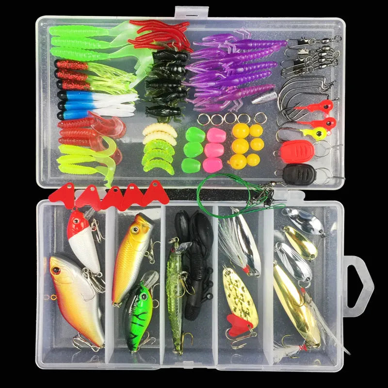 Junior fishing lure suit set in PP plastic storage box with multiple artificial baits
