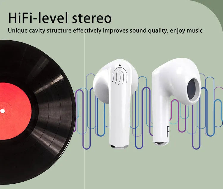 White wireless Bluetooth earphones with charging case on a white background.
