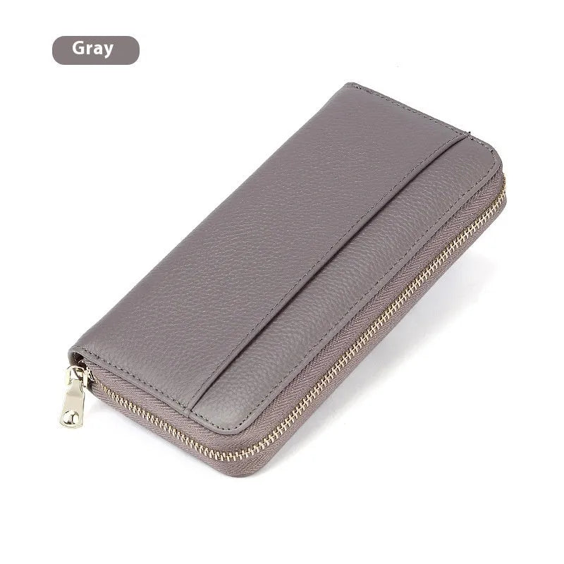 Women's genuine leather long wallet in solid colour with large capacity and anti-theft card swipe