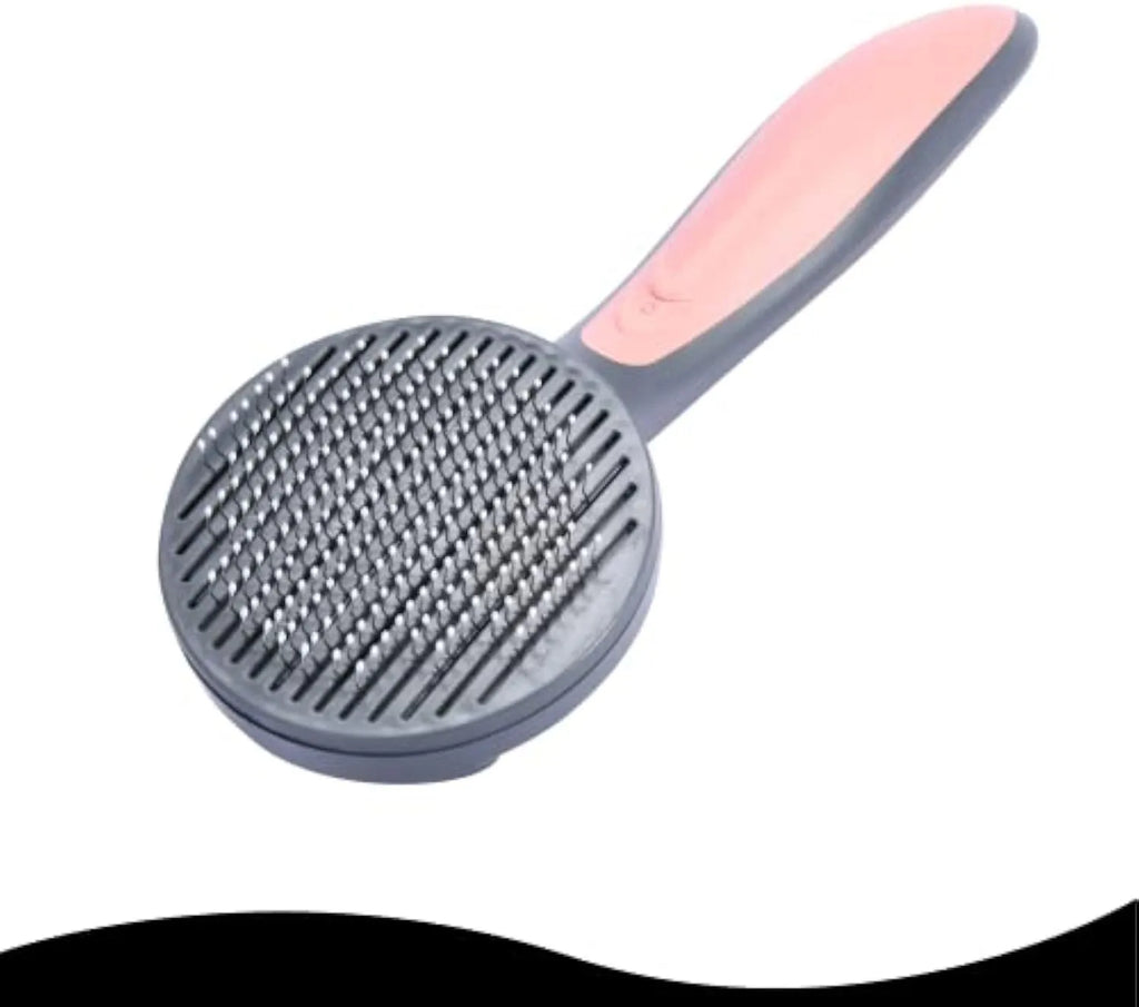 Grey self-cleaning pet slicker brush with massage-tipped bristles and a cleaning button on the handle