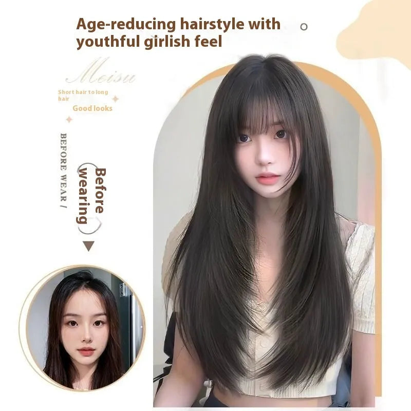 Full-head wear-free hair net wig with long straight high-temperature fibre and layered styling in black colour options