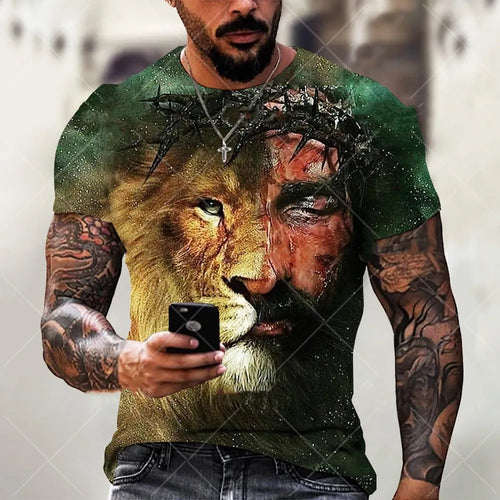 Men's grey T-shirt featuring a detailed 3D raised print of Jesus Christ, with short sleeves and a casual fit.