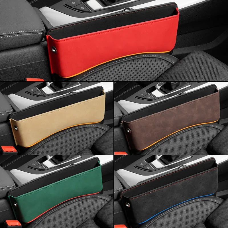 Leather car seat storage box in one of five colours: black, brown, beige, green, or red.