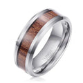 Men's 8mm wide Ugyen ring in wood, leather and tungsten, electroplated rose gold colour.