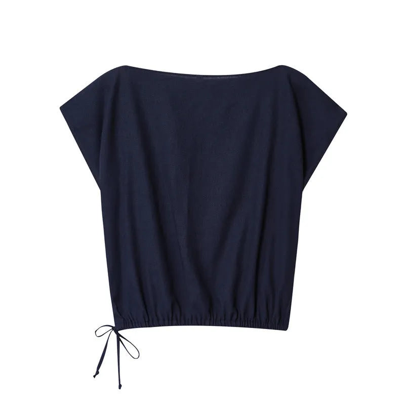 Women's linen blend off-neck shirt with flounced sleeves and matching wide leg trousers set.