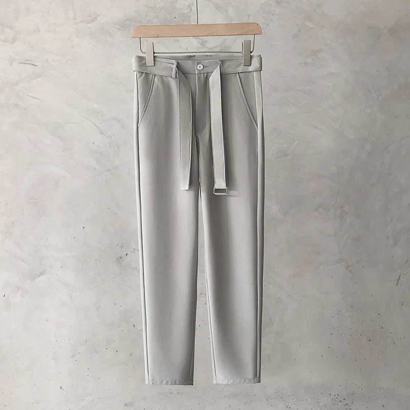 Boys slim straight wool trousers in business casual style with tapered fit and matching belt