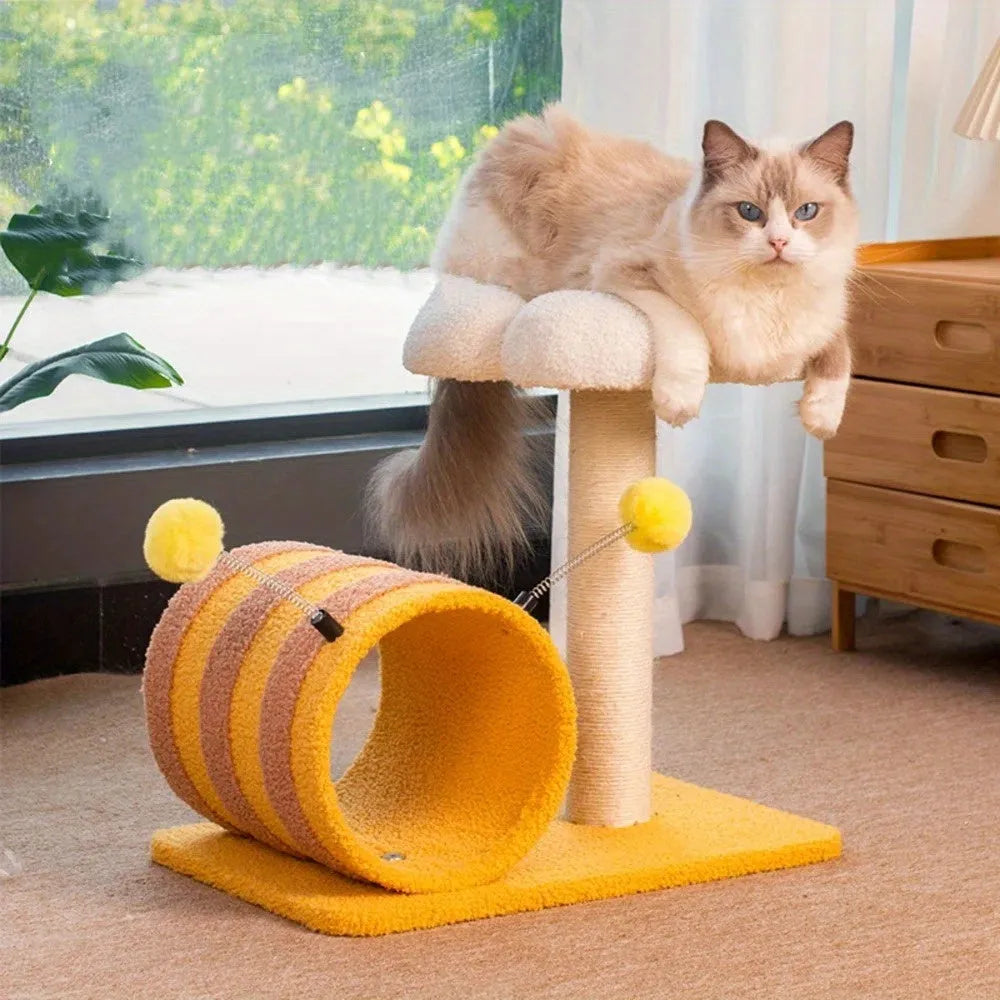 Yellow bee-themed cat climbing frame with sisal scratching board and play tunnel