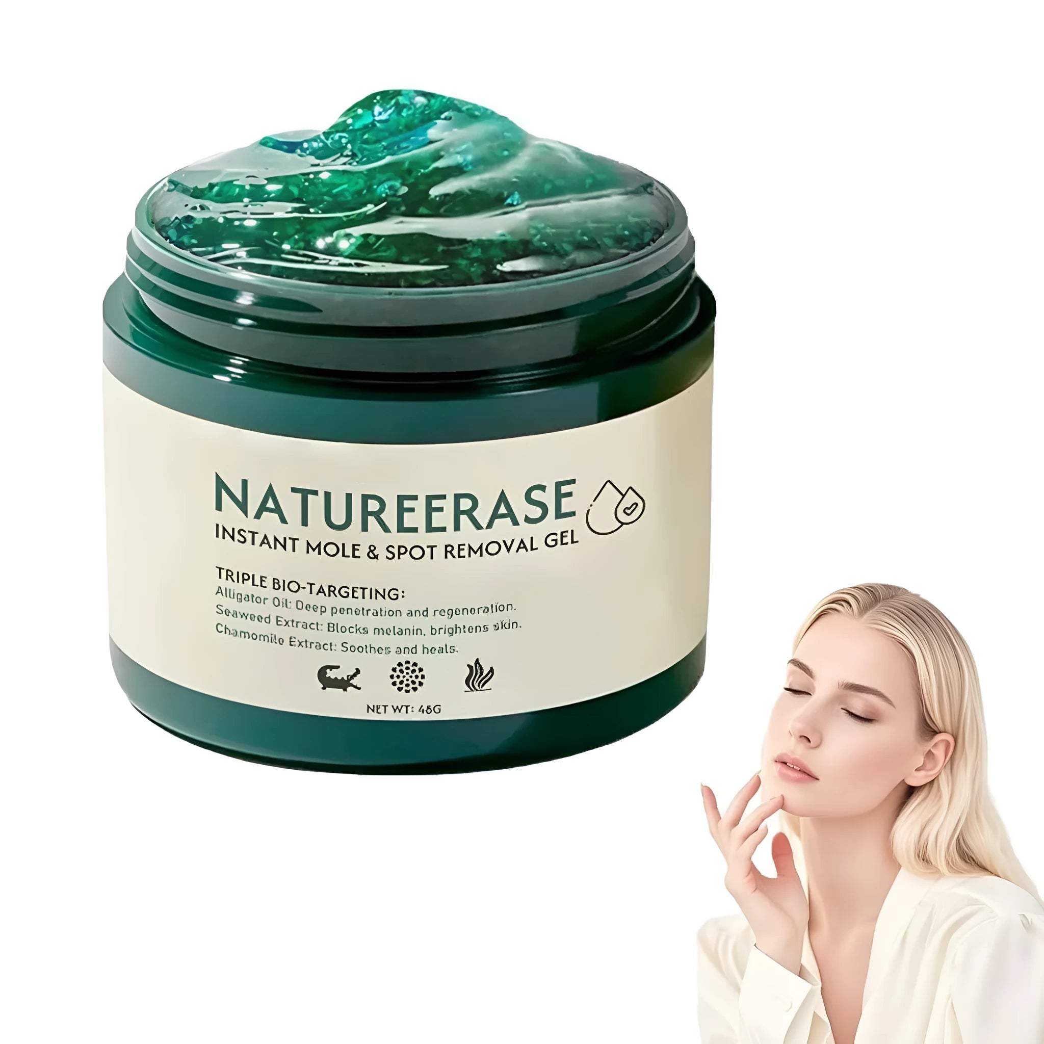 Natureerase mole removal gel tube showing 45g hydrating formula for general skin types