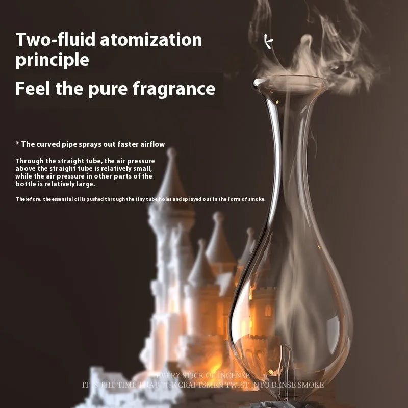 White medieval castle aromatherapy machine with ambient light, showing composite gypsum construction and Type-C charging port.