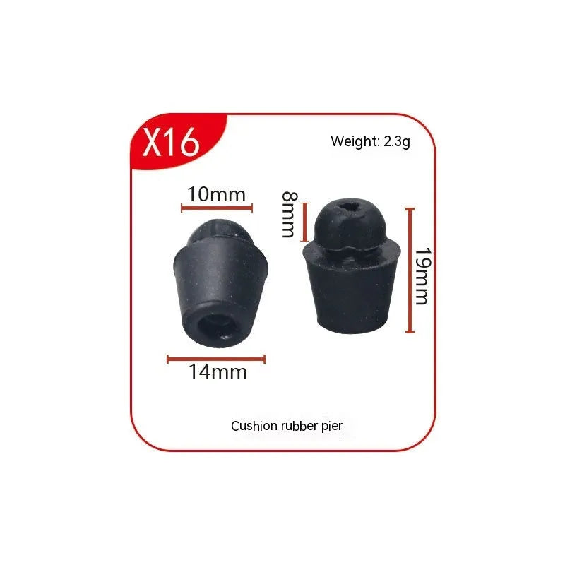 Ten black rubber automobile buckle clips for shock absorption, arranged on a white background.