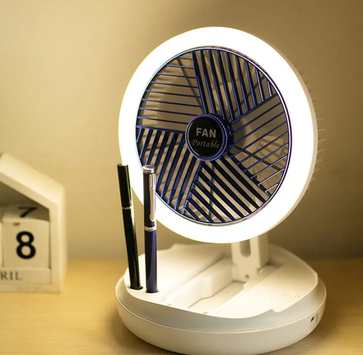 Blue foldable USB desk fan with LED light shown in wall-mounted and desk positions
