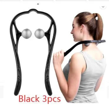 Plastic handheld neck and shoulder massager with adjustable width and roller head in pink, blue, and green colours.