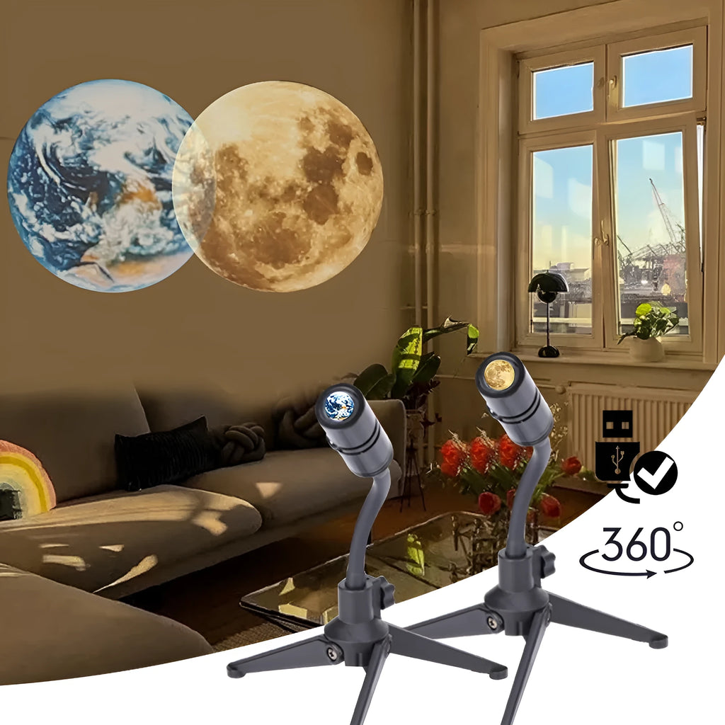Earth and moon star projection lamp with adjustable bracket showing celestial projection effects