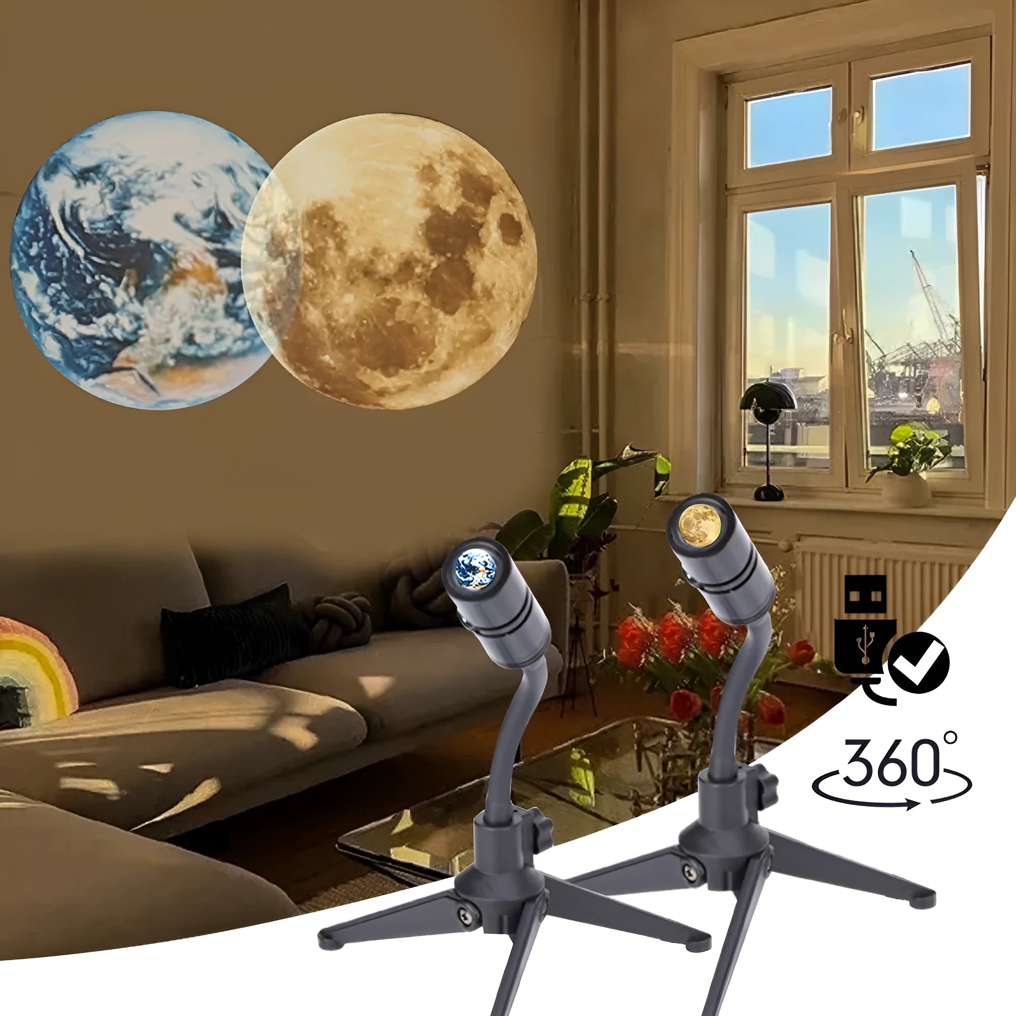 Earth and moon star projection lamp with adjustable bracket showing celestial projection effects