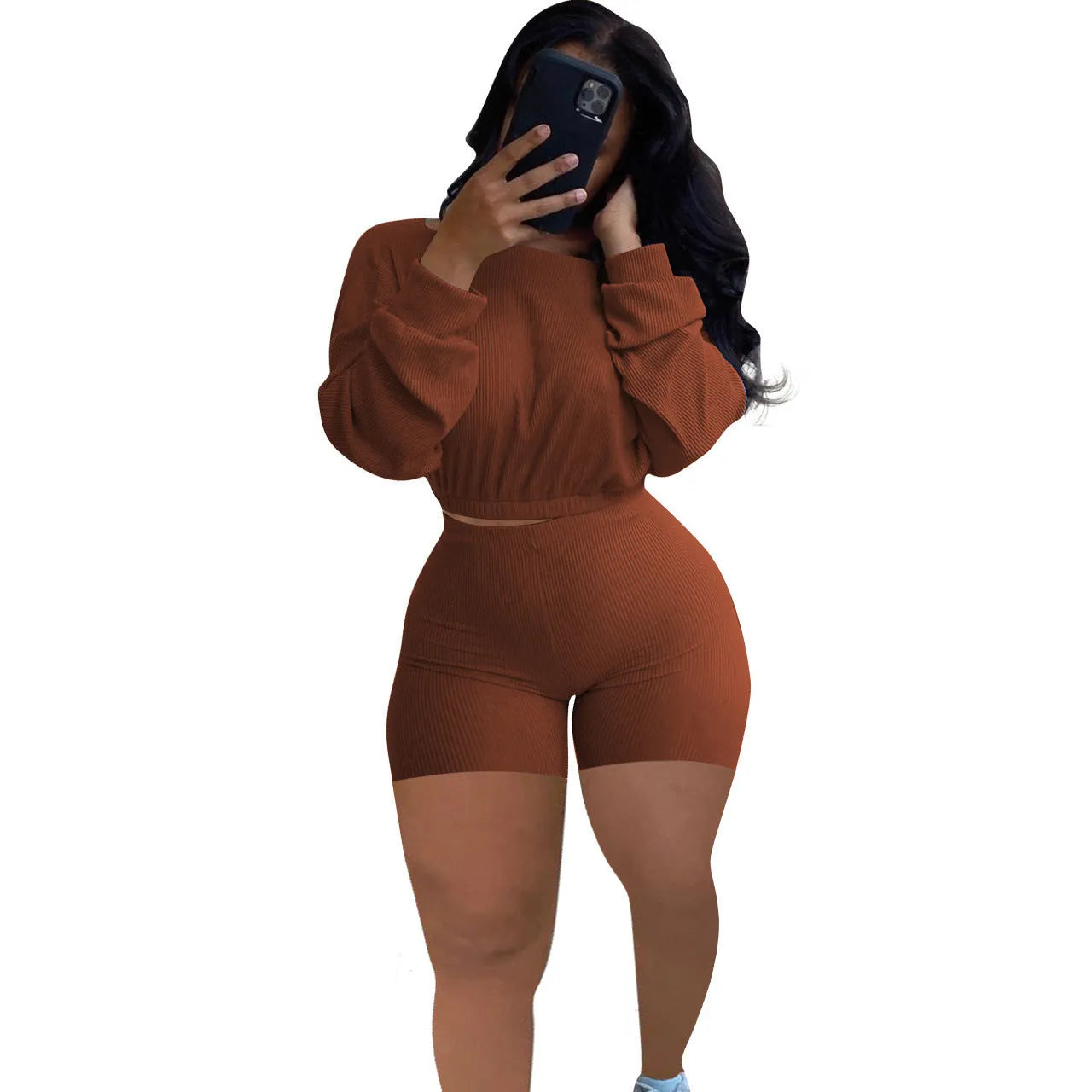 Sunken stripe pattern off-the-shoulder long sleeve top and shorts two-piece set