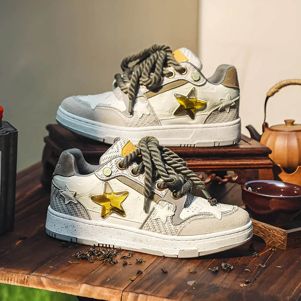 Cowhide leather low-top platform running shoes with round toe and front laces in West Lake dragon well tea joint colour
