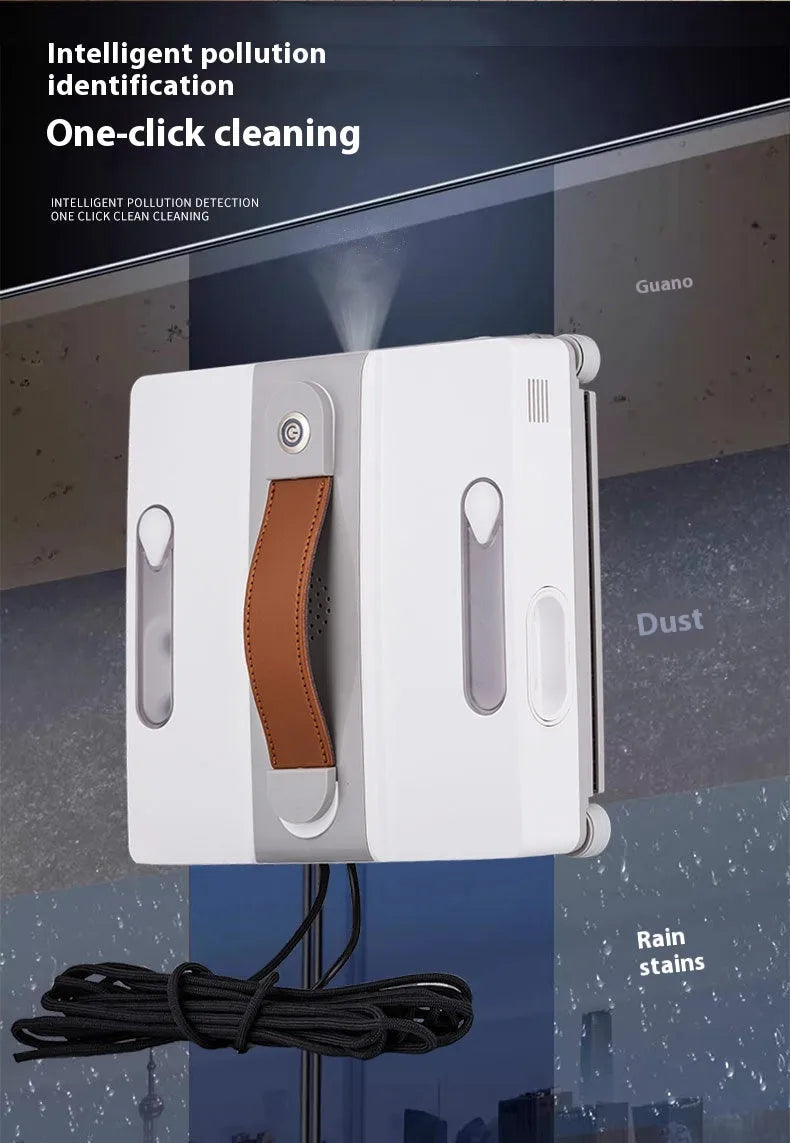 White intelligent window cleaning robot device with four water spray nozzles for automated high-rise window maintenance
