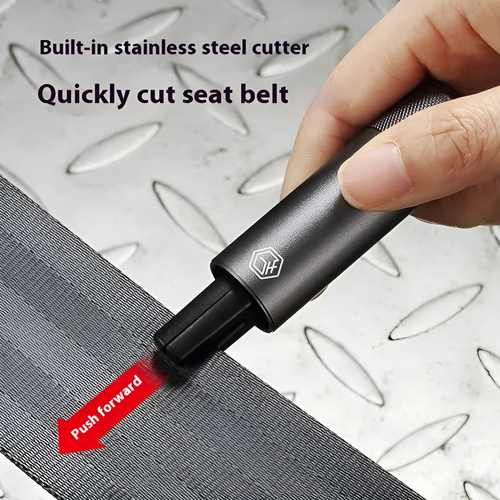 Gun grey automobile safety hammer with aluminium construction and steel impact head for emergency vehicle escape