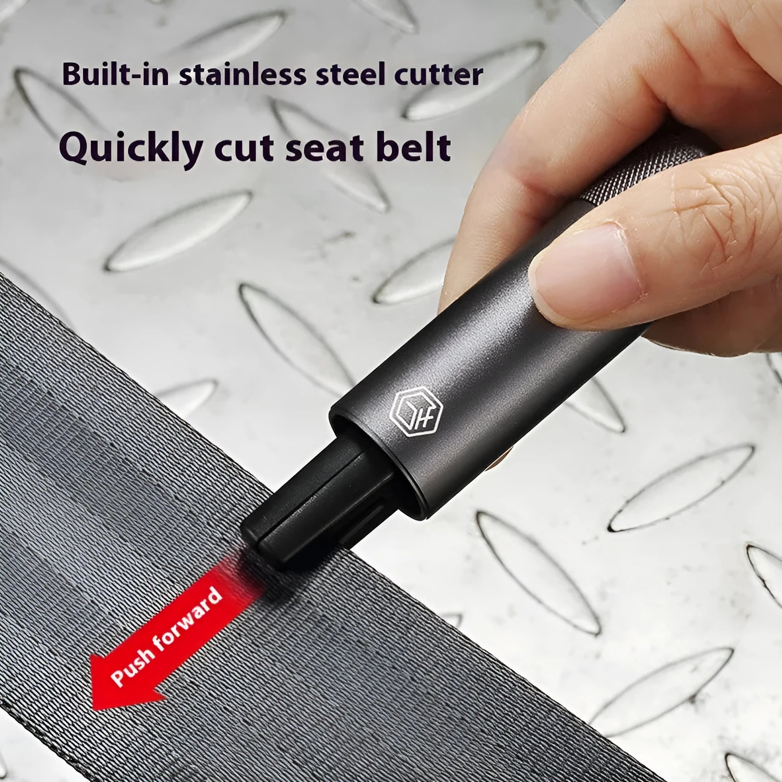 Gun grey automobile safety hammer with aluminium construction and steel impact head for emergency vehicle escape