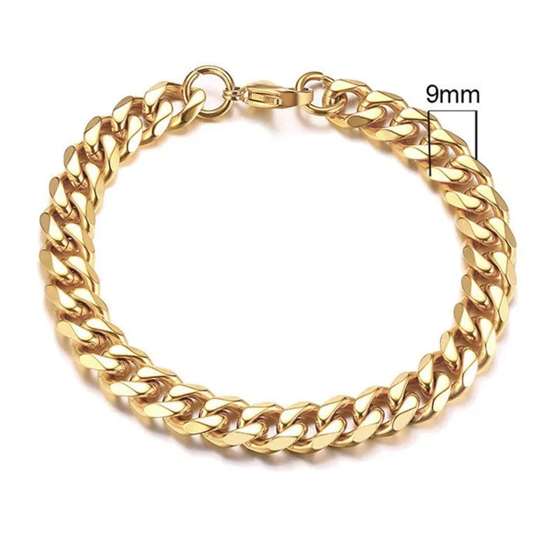 Six-sided geometric Cuban link metal bracelet in gold colour, shown in various widths.