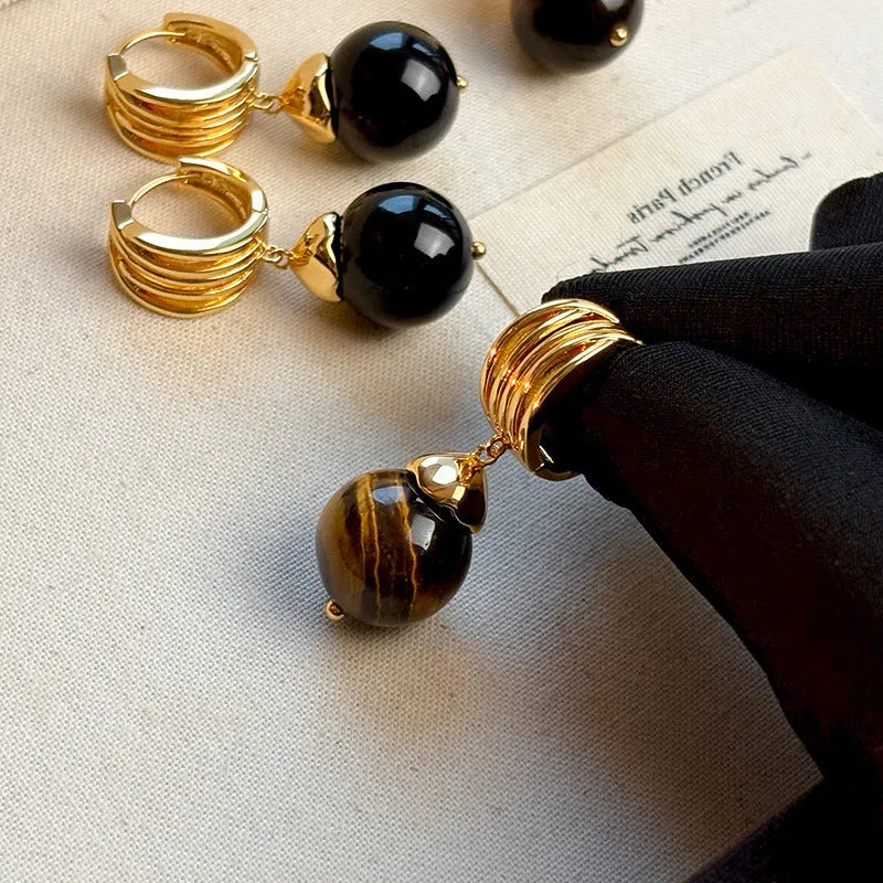 Tigereye geometric stud earrings with gold plating in brown and black colour options