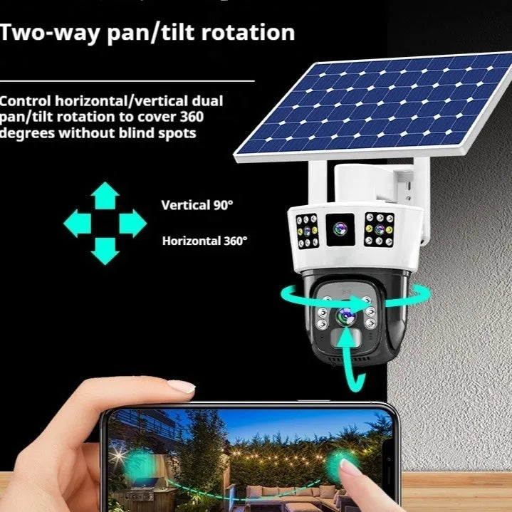 Solar binocular three-screen surveillance camera with solar panel and dual connectivity options