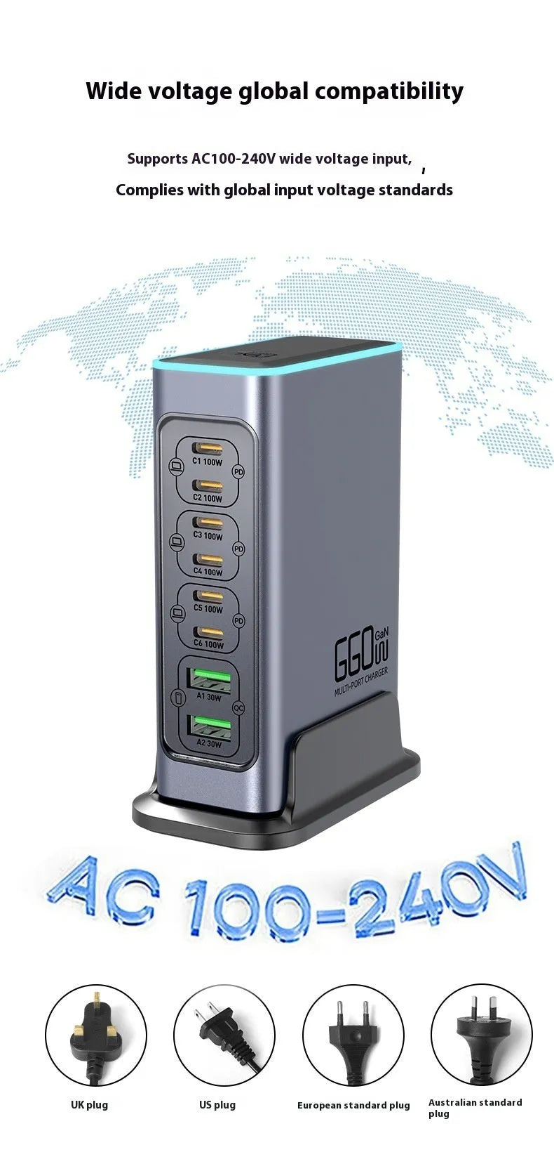 660W gallium nitride desktop charger with multiple plug standards