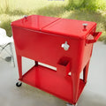 Red outdoor metal insulated cart with wheels, shown as a portable cooler or ice bucket.