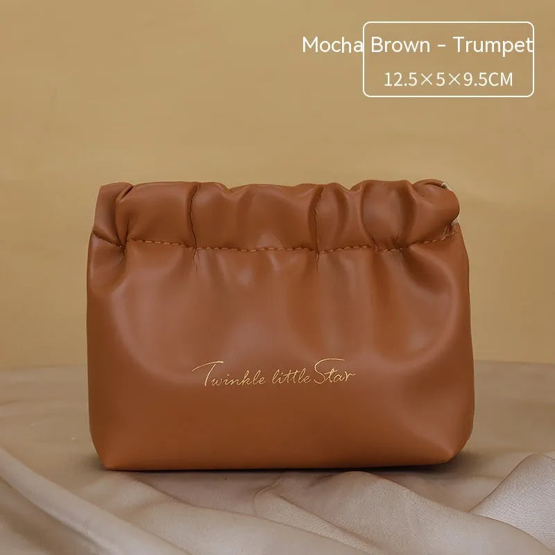 Large capacity caramel mocha PU leather toiletry bag with double layer waterproof design and wet dry separation for travel makeup storage