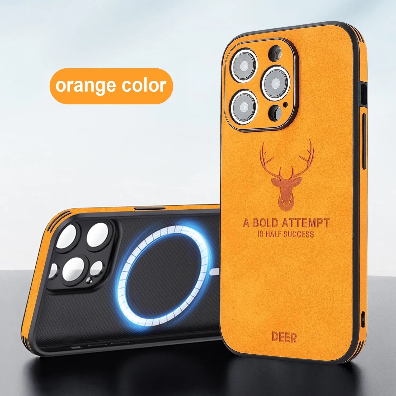 iPhone 16 magnetic charging case with embossed moose head design in imitation leather material, showing front and back views