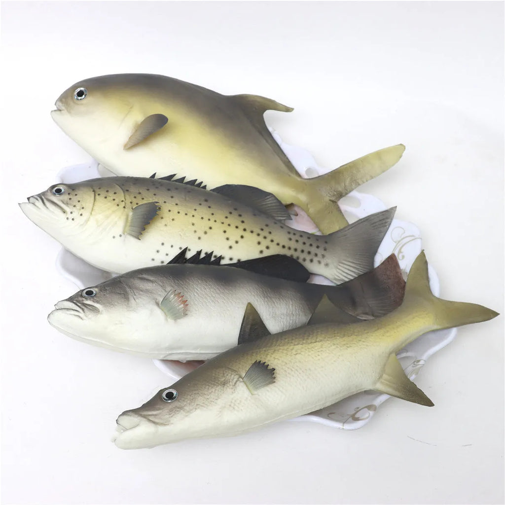 Set of three PU simulated fish ornaments: yellow-fin tuna, flower fish, small tuna, yellow croaker.