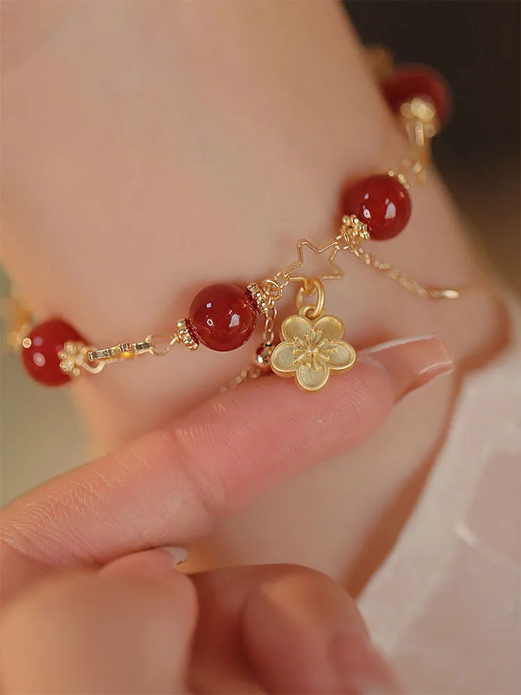 Women's red agate double layer ethnic bracelet with peach blossom floral design