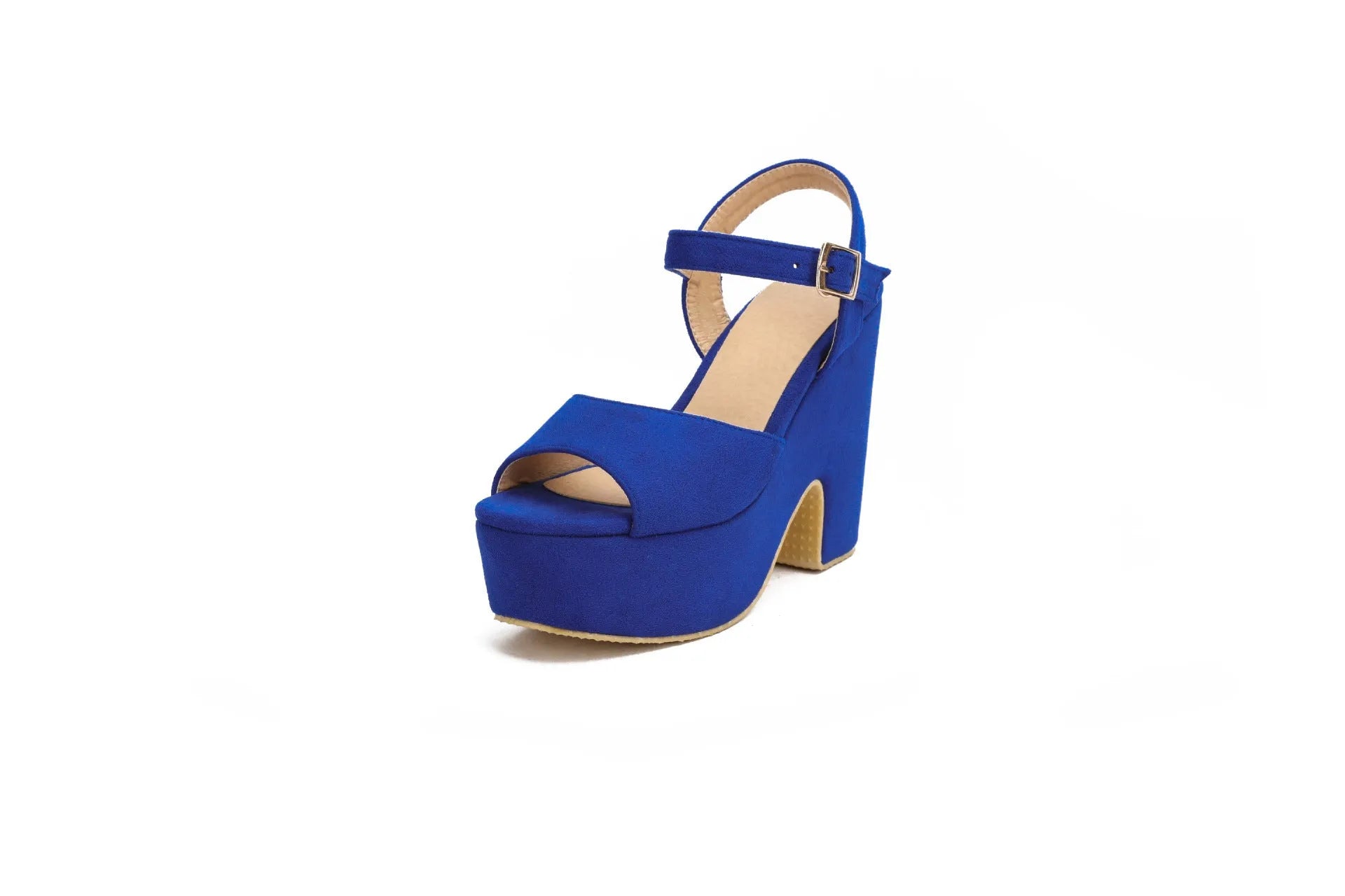 Black plus size platform sandals with ankle strap and open toe suede design