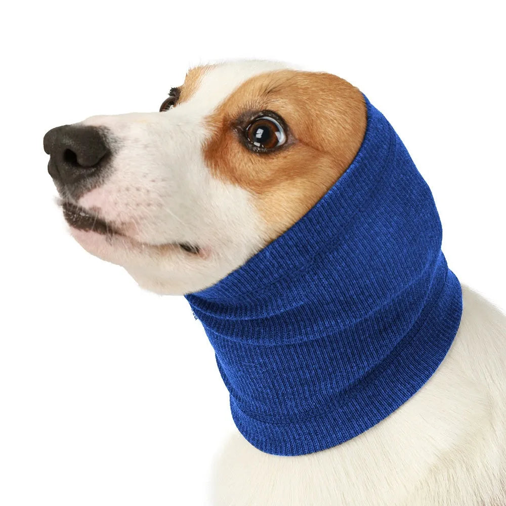 Blue and grey polyester dog headband scarf showing S M L size options