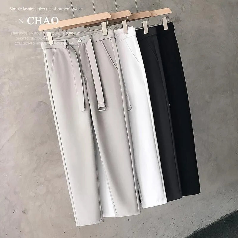 Boys slim straight wool trousers in business casual style with tapered fit and matching belt