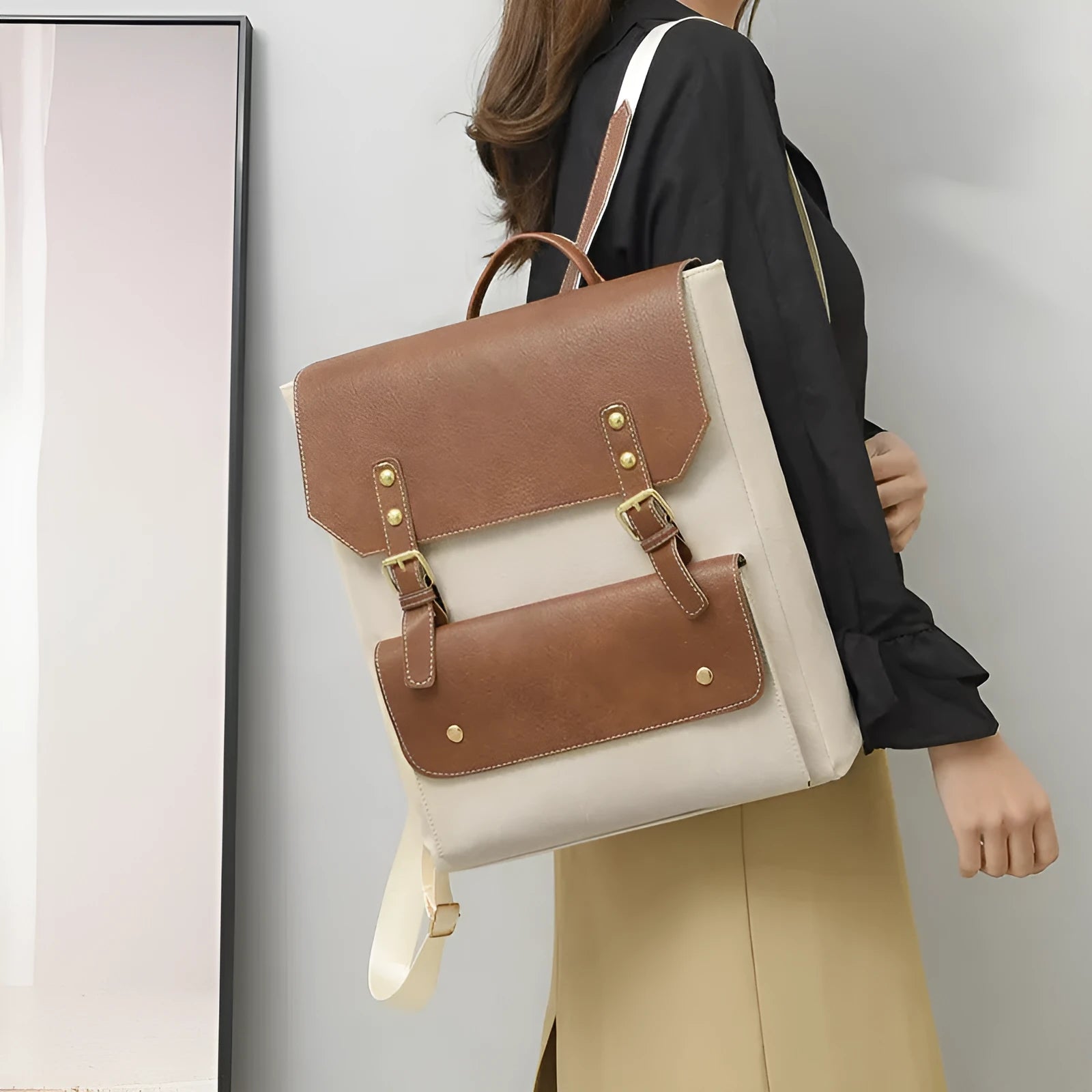 Korean style retro backpack in soft PU material shown in a dark brown colour.