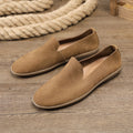 Handmade men's low-top shoes in khaki and grey colours with cowhide uppers and wedge heels