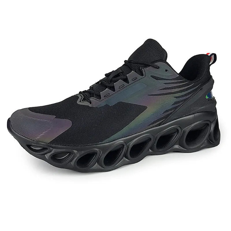 A pair of black low-top casual sports shoes with mesh upper and lace-up front.
