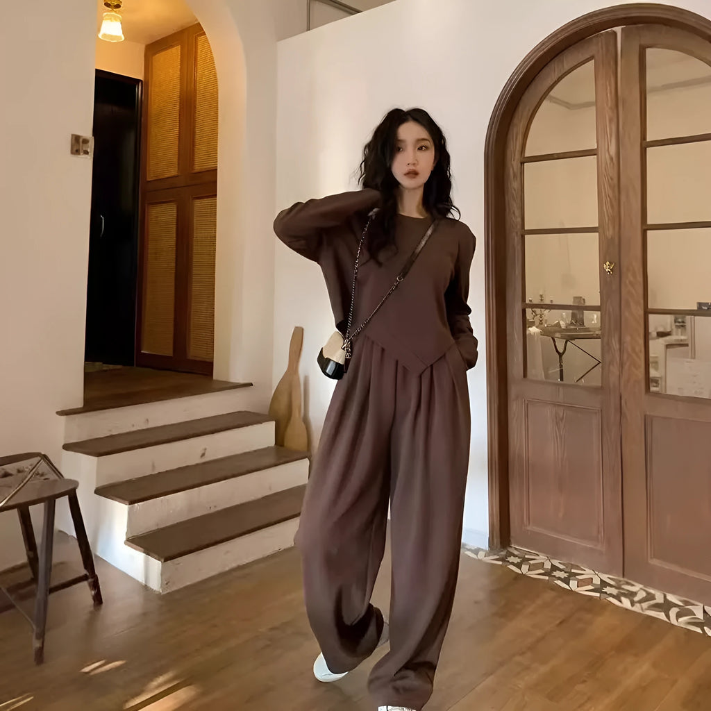 Women's khaki casual sportswear two-piece set with long sleeve top and matching trousers