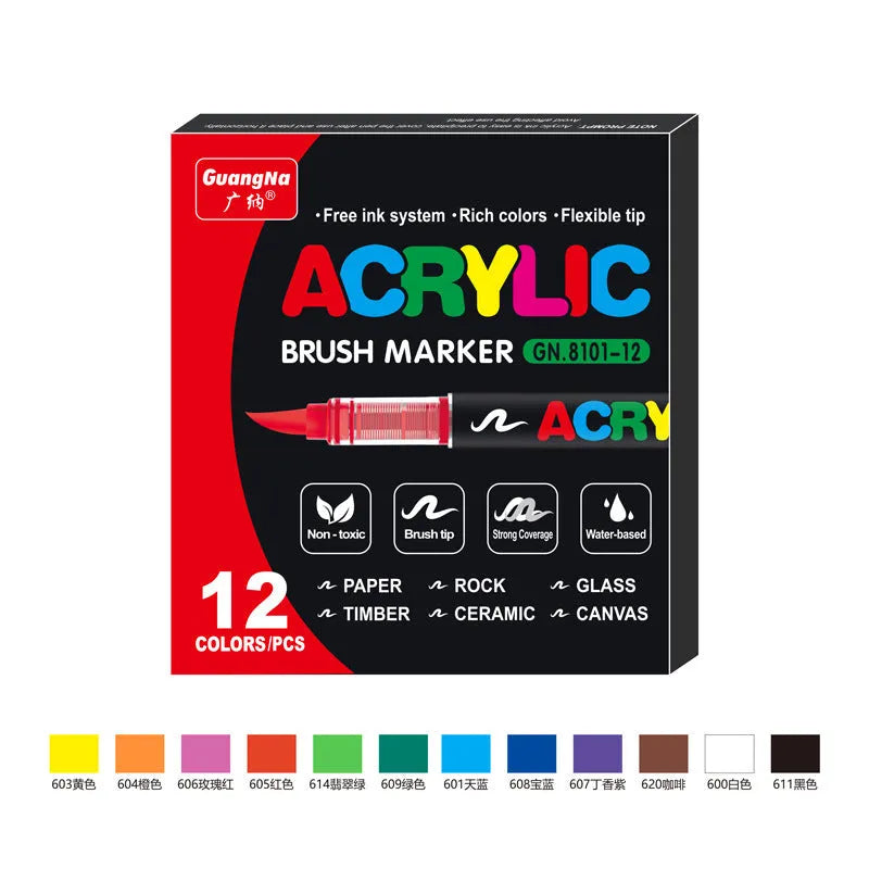 Straight acrylic marker pens with soft tips in multiple colours arranged by set size