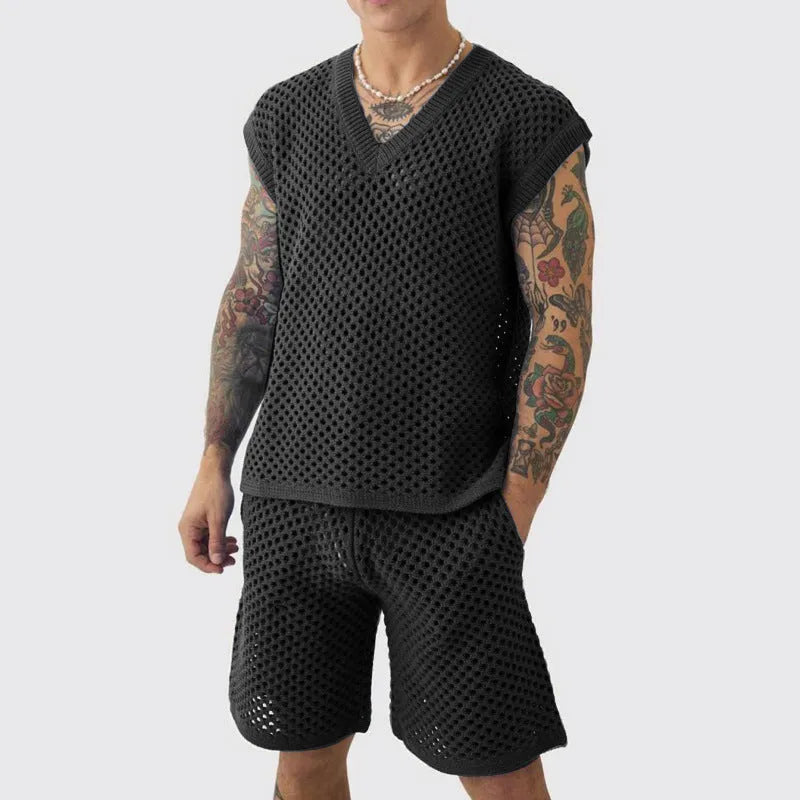 Men's blue knitted vest and shorts sports suit with V-neck design for summer athletic wear