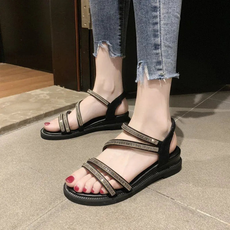 Korean style women's flat sandals with rhinestone detail in gold and silver colours
