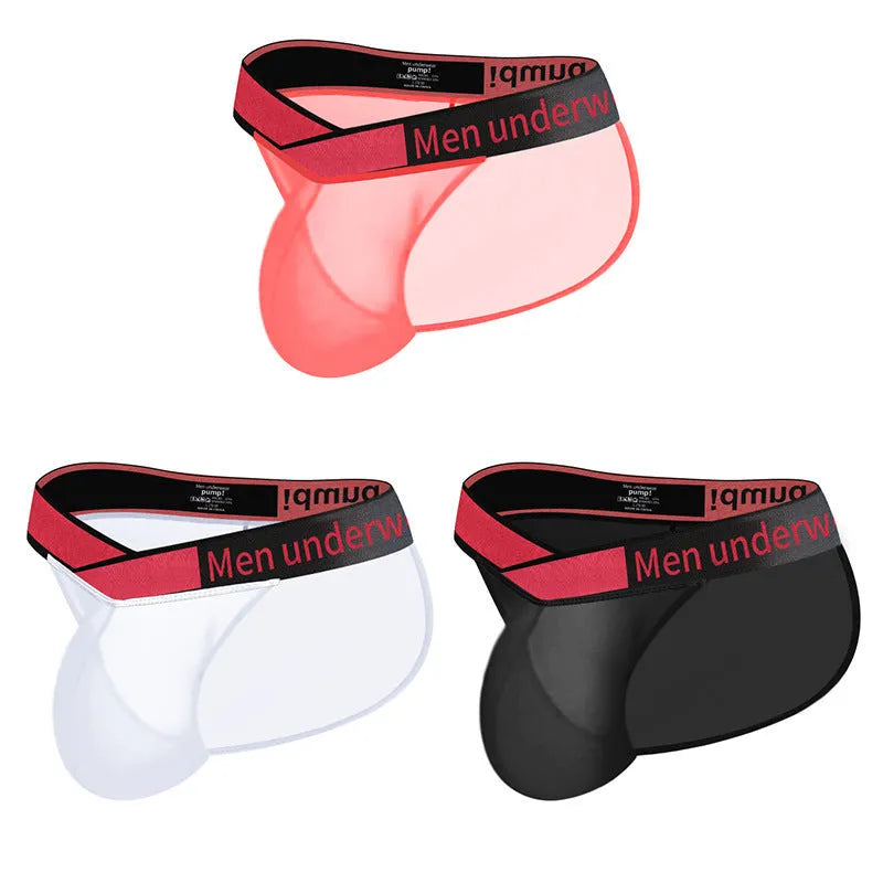 Men's transparent ice silk breathable briefs in red, black, or white with a large V gradient high fork design.